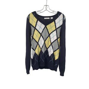 Liz Claiborne Argyle V-Neck Sweater Lightweight Blue/Multi Size Large